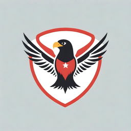 Design a soccer club logo featuring a striped red and black eagle symbol, with three stars prominently displayed across its chest.