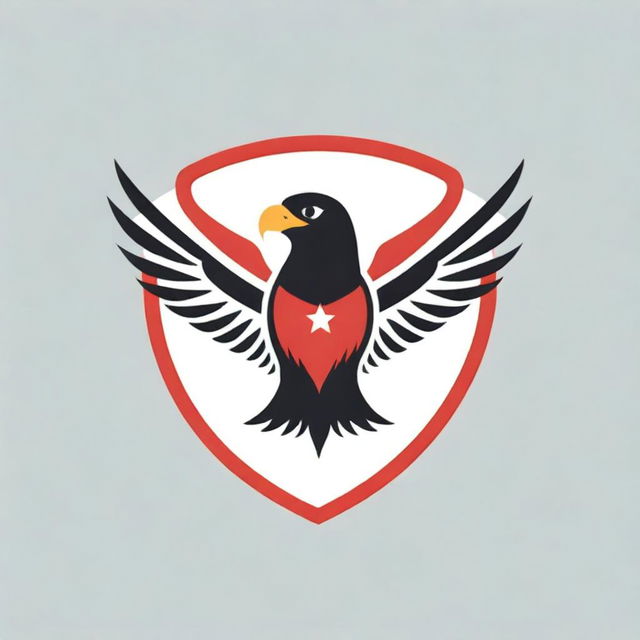 Design a soccer club logo featuring a striped red and black eagle symbol, with three stars prominently displayed across its chest.