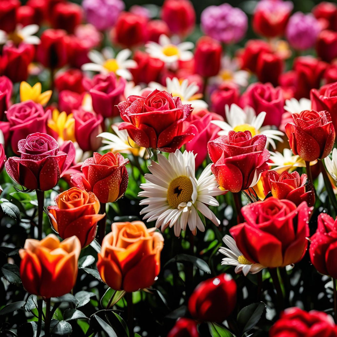 High-resolution stock image showcasing a diverse collection of blooming flowers under the gentle glow of natural light.