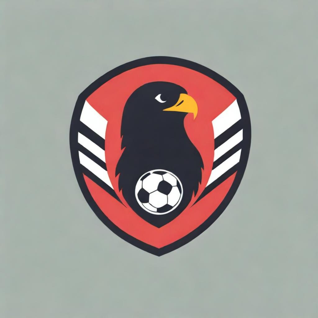 Create a soccer club logo that has a striped red and black eagle as the symbol, featuring three star emblems prominently across its chest.