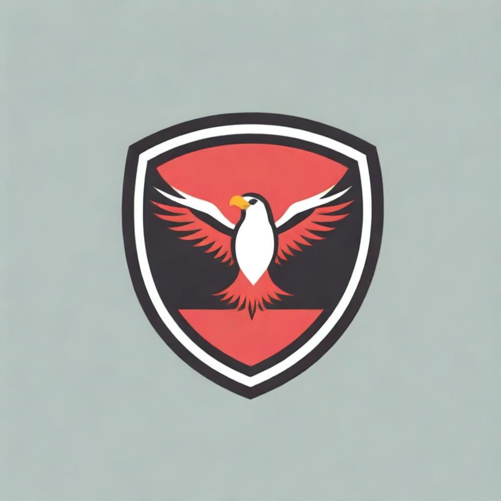 Create a soccer club logo that has a striped red and black eagle as the symbol, featuring three star emblems prominently across its chest.