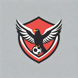 Create a soccer club logo that has a striped red and black eagle as the symbol, featuring three star emblems prominently across its chest.