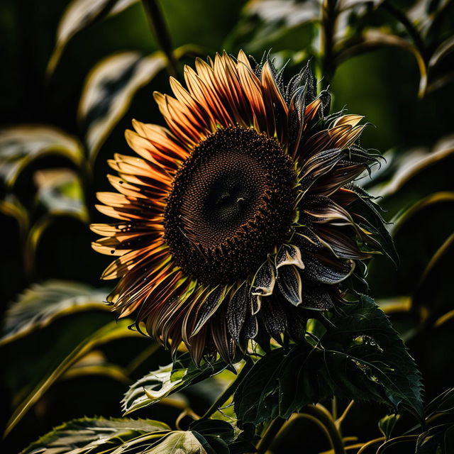 A vibrant sunflower with golden petals and a dark brown center stands tall against a blurred green background in this stock photo.