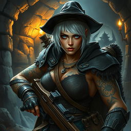 A fierce and massive goliath woman ranger with short white hair and beautiful blue eyes, showcasing visible scars and intricate tattoos that signify her strength and combat experience