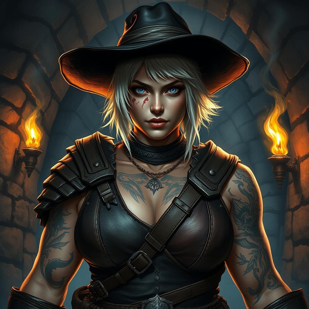 A fierce and massive goliath woman ranger with a tough look, short white hair, and striking blue eyes