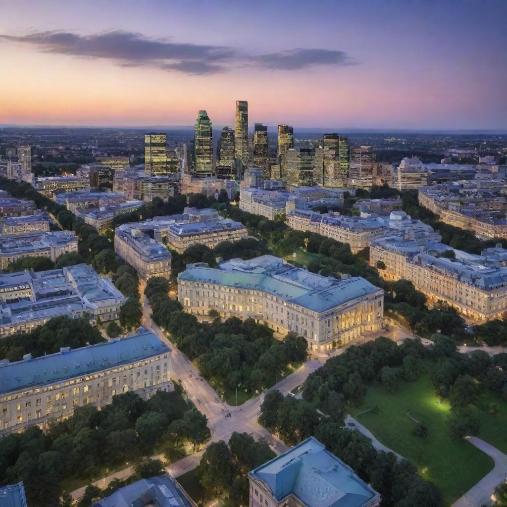 A sprawling, bustling cityscape named Visig, bathed in soft twilight with historical buildings, sleek modern skyscrapers, and vibrant green parklands.