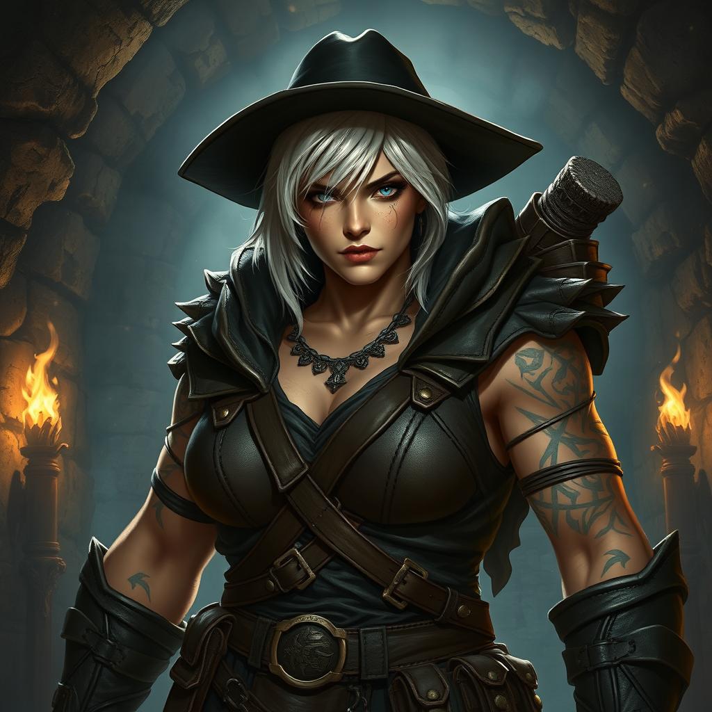 A fierce and massive goliath woman ranger with a tough look, short white hair, and striking blue eyes