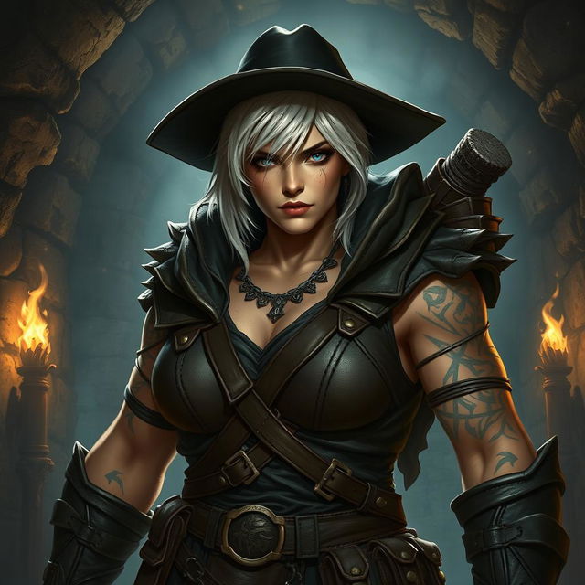 A fierce and massive goliath woman ranger with a tough look, short white hair, and striking blue eyes