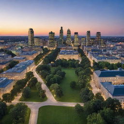 A sprawling, bustling cityscape named Visig, bathed in soft twilight with historical buildings, sleek modern skyscrapers, and vibrant green parklands.