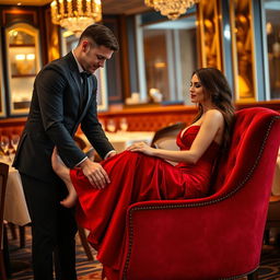 A scene in a luxurious restaurant where a male waiter, dressed in a sleek black uniform, gently massages the legs of a glamorous woman seated on a plush velvet chair