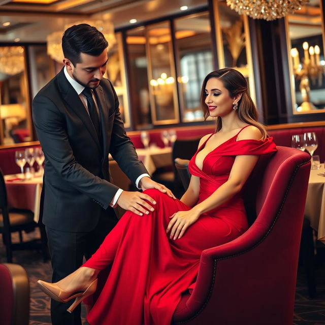 A scene in a luxurious restaurant where a male waiter, dressed in a sleek black uniform, gently massages the legs of a glamorous woman seated on a plush velvet chair