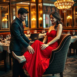 A scene in a luxurious restaurant where a male waiter, dressed in a sleek black uniform, gently massages the legs of a glamorous woman seated on a plush velvet chair