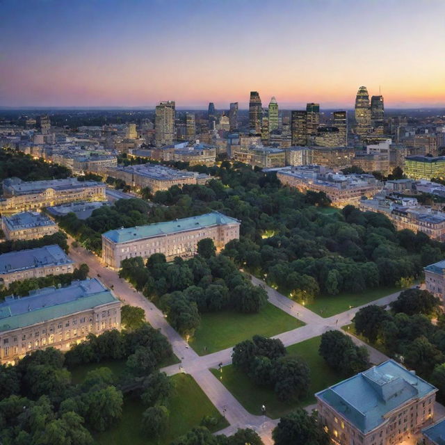 A sprawling, bustling cityscape named Visig, bathed in soft twilight with historical buildings, sleek modern skyscrapers, and vibrant green parklands.