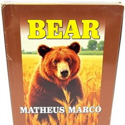 A vintage 1970s VHS cover featuring a 12-year-old brown bear with honey-colored eyes in a golden wheat field on a farm