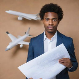 A portrait of a determined young black man in his 20s, holding an airplane model in one hand and blueprints in the other. His eyes are filled with ambition, but his clothes and surroundings reflect financial struggle.