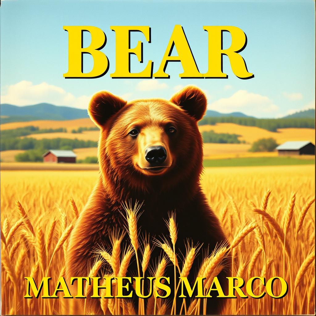 A nostalgic 1970s VHS cover featuring a 12-year-old brown bear with honey-colored eyes standing in a field of golden wheat on a picturesque farm