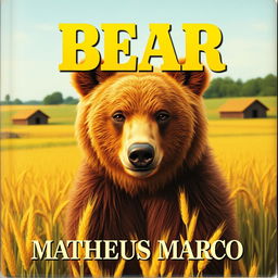 A nostalgic 1970s VHS cover featuring a 12-year-old brown bear with honey-colored eyes standing in a field of golden wheat on a picturesque farm