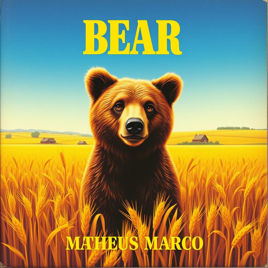 A nostalgic 1970s VHS cover featuring a 12-year-old brown bear with honey-colored eyes standing in a field of golden wheat on a picturesque farm