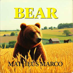 A nostalgic 1970s VHS cover featuring a 12-year-old brown bear with honey-colored eyes standing in a field of golden wheat on a picturesque farm