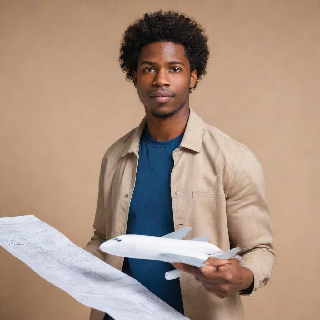 A portrait of a determined young black man in his 20s, holding an airplane model in one hand and blueprints in the other. His eyes are filled with ambition, but his clothes and surroundings reflect financial struggle.