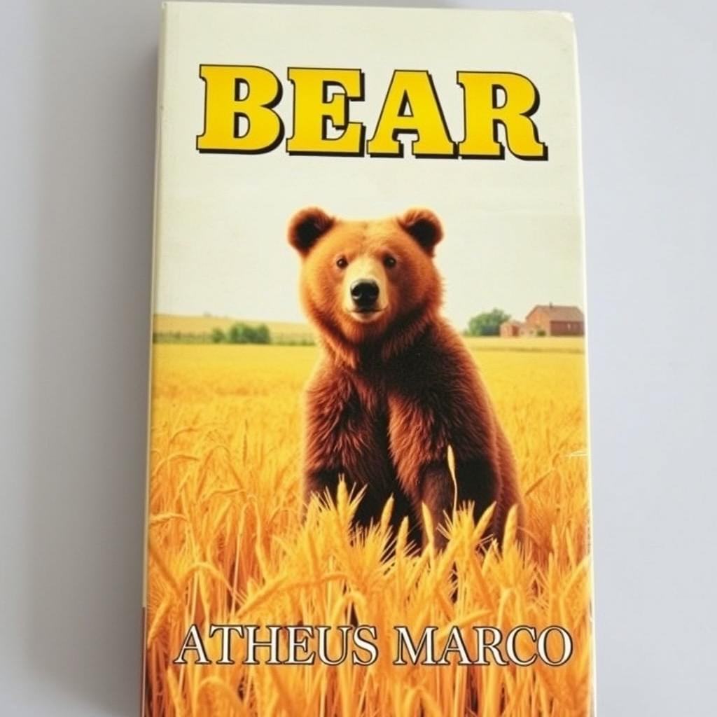 A nostalgic 1970s VHS cover featuring a 12-year-old brown bear with honey-colored eyes standing in a golden wheat field on a charming farm