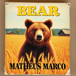 A nostalgic 1970s VHS cover featuring a 12-year-old brown bear with honey-colored eyes standing in a golden wheat field on a charming farm