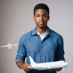 A portrait of a determined young black man in his 20s, holding an airplane model in one hand and blueprints in the other. His eyes are filled with ambition, but his clothes and surroundings reflect financial struggle.