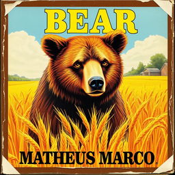 A beautifully crafted vintage 1970s VHS cover featuring a stunning illustration of a 12-year-old brown bear with honey-colored eyes standing majestically in a vibrant golden wheat field on a picturesque farm