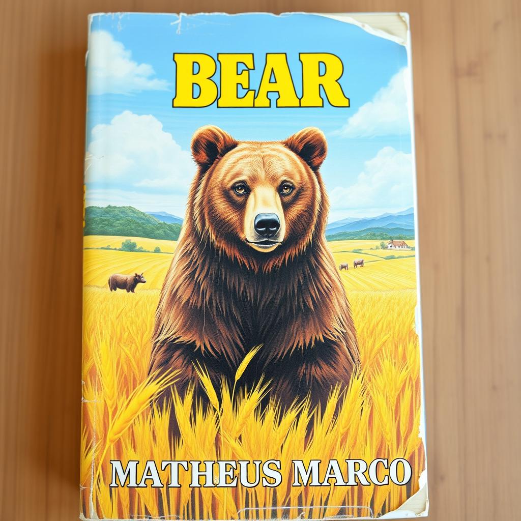 A beautifully crafted vintage 1970s VHS cover featuring a stunning illustration of a 12-year-old brown bear with honey-colored eyes standing majestically in a vibrant golden wheat field on a picturesque farm