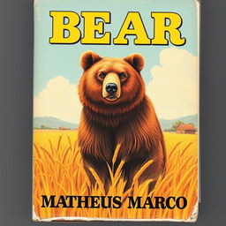 A beautifully crafted vintage 1970s VHS cover featuring a stunning illustration of a 12-year-old brown bear with honey-colored eyes standing majestically in a vibrant golden wheat field on a picturesque farm