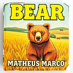 A high-quality, vibrant 1970s VHS cover featuring a beautiful illustration of a 12-year-old brown bear with honey-colored eyes standing in a lush golden wheat field on a scenic farm