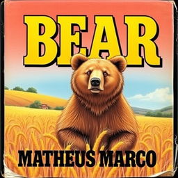 A high-quality, vibrant 1970s VHS cover featuring a beautiful illustration of a 12-year-old brown bear with honey-colored eyes standing in a lush golden wheat field on a scenic farm