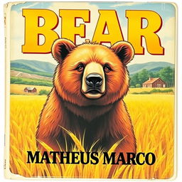 A high-quality, vibrant 1970s VHS cover featuring a beautiful illustration of a 12-year-old brown bear with honey-colored eyes standing in a lush golden wheat field on a scenic farm