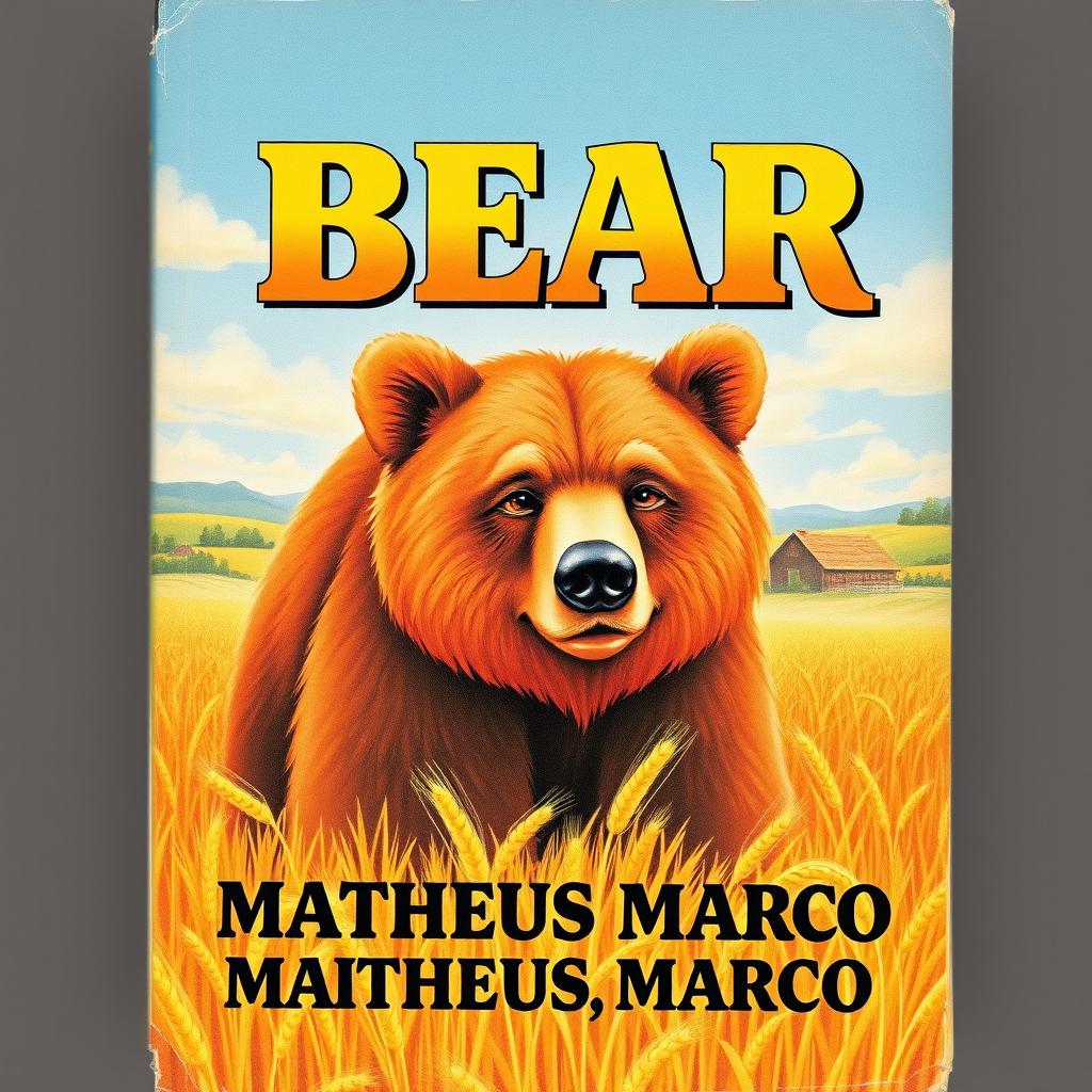 A high-quality, vibrant 1970s VHS cover featuring a beautiful illustration of a 12-year-old brown bear with honey-colored eyes standing in a lush golden wheat field on a scenic farm