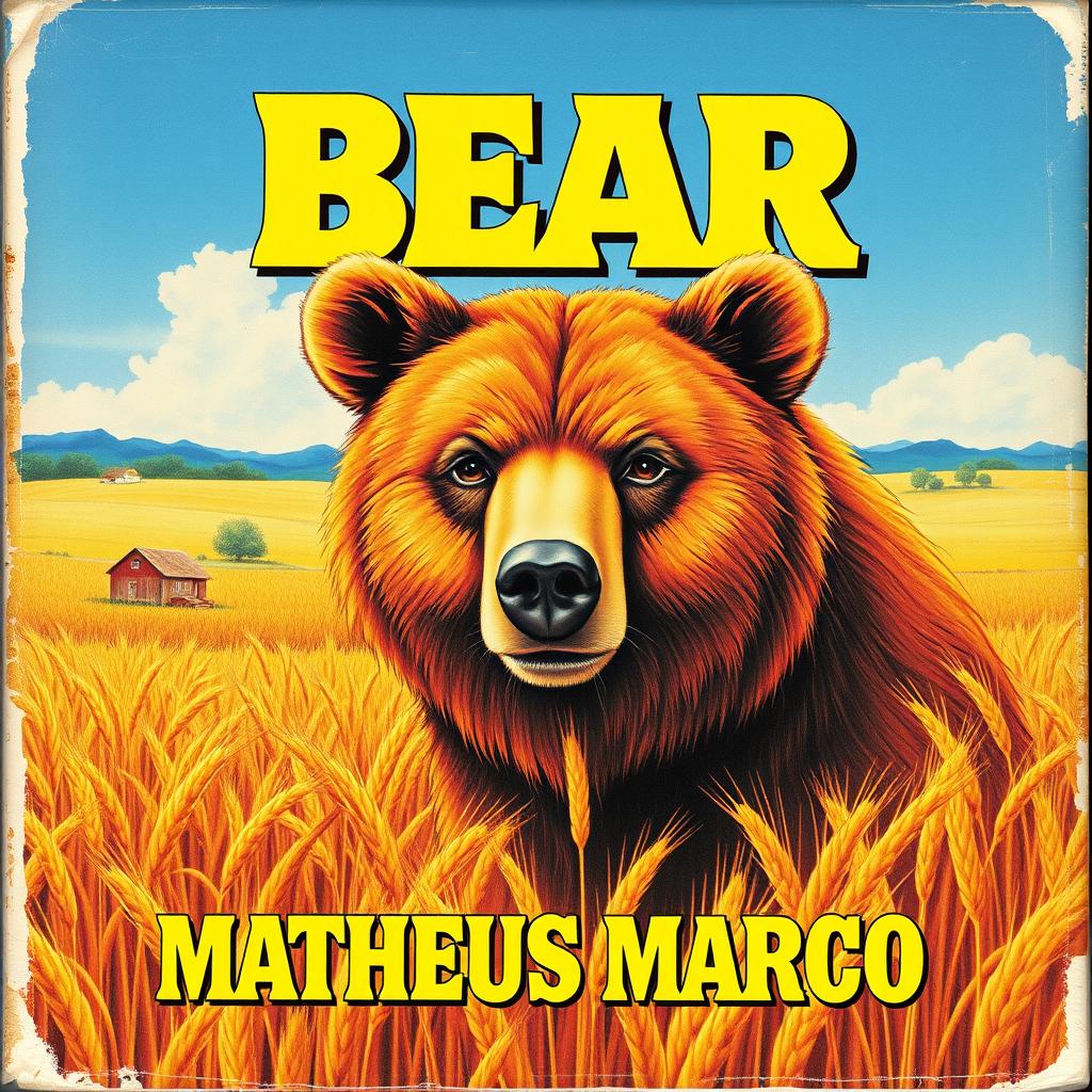 A vibrant and high-quality 1970s VHS cover featuring a stunning illustration of a 12-year-old brown bear with honey-colored eyes, situated in a lush, golden wheat field on a picturesque farm