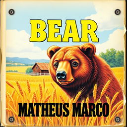 A vibrant and high-quality 1970s VHS cover featuring a stunning illustration of a 12-year-old brown bear with honey-colored eyes, situated in a lush, golden wheat field on a picturesque farm