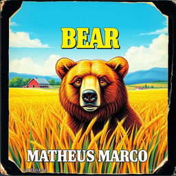 A vibrant and high-quality 1970s VHS cover featuring a stunning illustration of a 12-year-old brown bear with honey-colored eyes, situated in a lush, golden wheat field on a picturesque farm