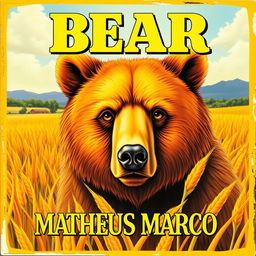 A vibrant and high-quality 1970s VHS cover featuring a stunning illustration of a 12-year-old brown bear with honey-colored eyes, situated in a lush, golden wheat field on a picturesque farm