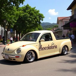 A lowered Volkswagen Saveiro in a creamy color, featuring an artistic design with the word 'Chocolataria' written in an elegant, stylish font