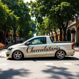 A lowered Volkswagen Saveiro in a creamy color, featuring an artistic design with the word 'Chocolataria' written in an elegant, stylish font