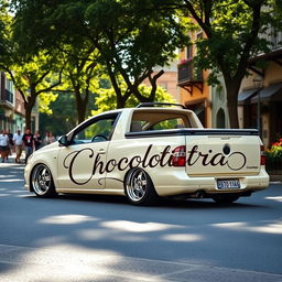 A lowered Volkswagen Saveiro in a creamy color, featuring an artistic design with the word 'Chocolataria' written in an elegant, stylish font