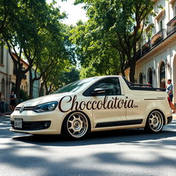 A lowered Volkswagen Saveiro in a creamy color, featuring an artistic design with the word 'Chocolataria' written in an elegant, stylish font