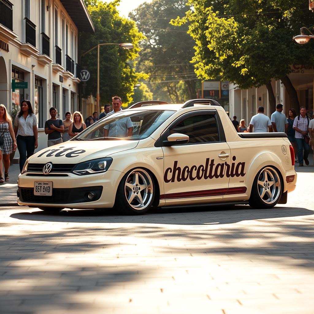 A lowered Volkswagen Saveiro in a creamy color, showcasing a beautiful pattern that features the word 'Chocolataria' artistically integrated into the design