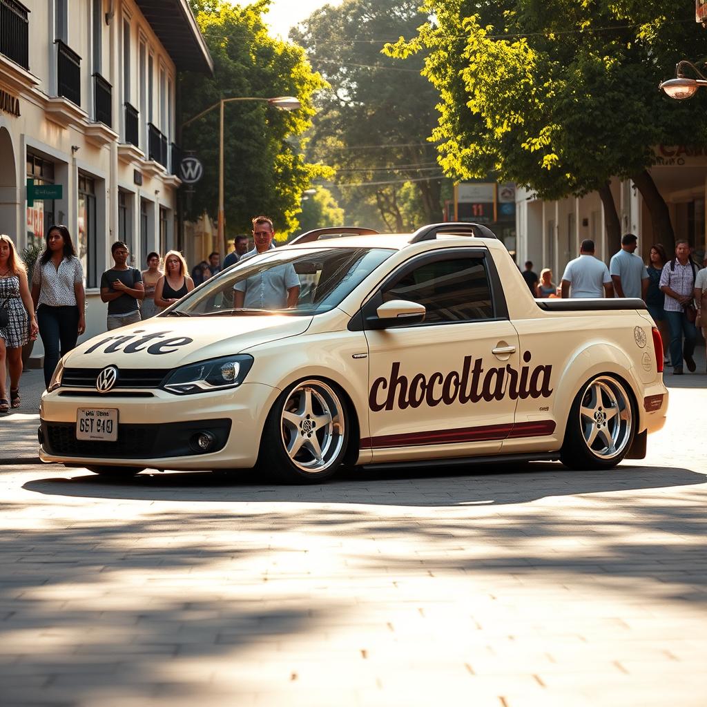 A lowered Volkswagen Saveiro in a creamy color, showcasing a beautiful pattern that features the word 'Chocolataria' artistically integrated into the design