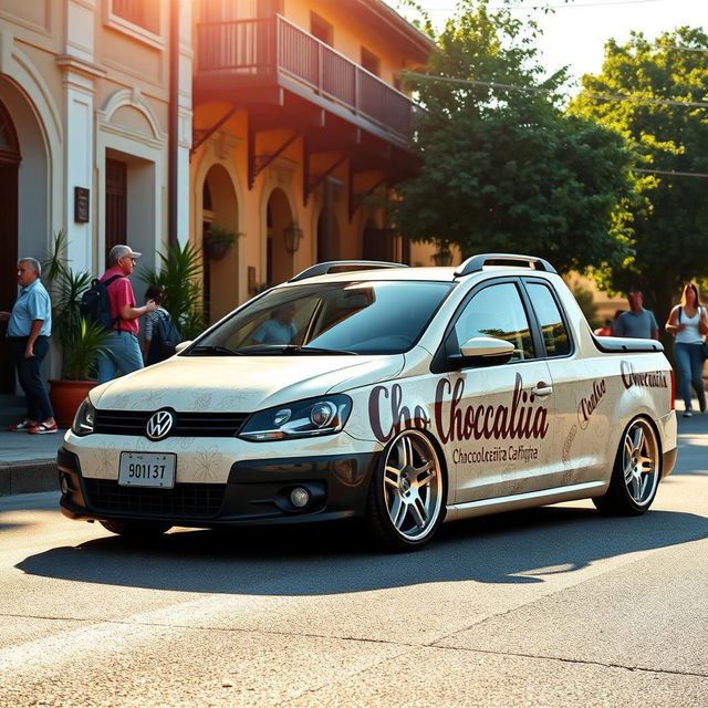 A lowered Volkswagen Saveiro in a creamy color, showcasing a beautiful pattern that features the word 'Chocolataria' artistically integrated into the design