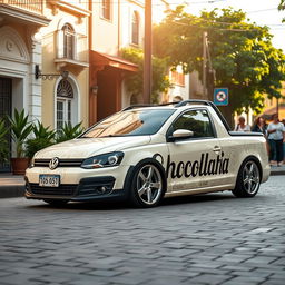 A lowered Volkswagen Saveiro in a creamy color, showcasing a beautiful pattern that features the word 'Chocolataria' artistically integrated into the design