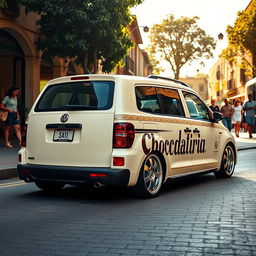 A lowered Volkswagen Saveiro in a creamy color, showcasing a beautiful pattern that features the word 'Chocolataria' artistically integrated into the design