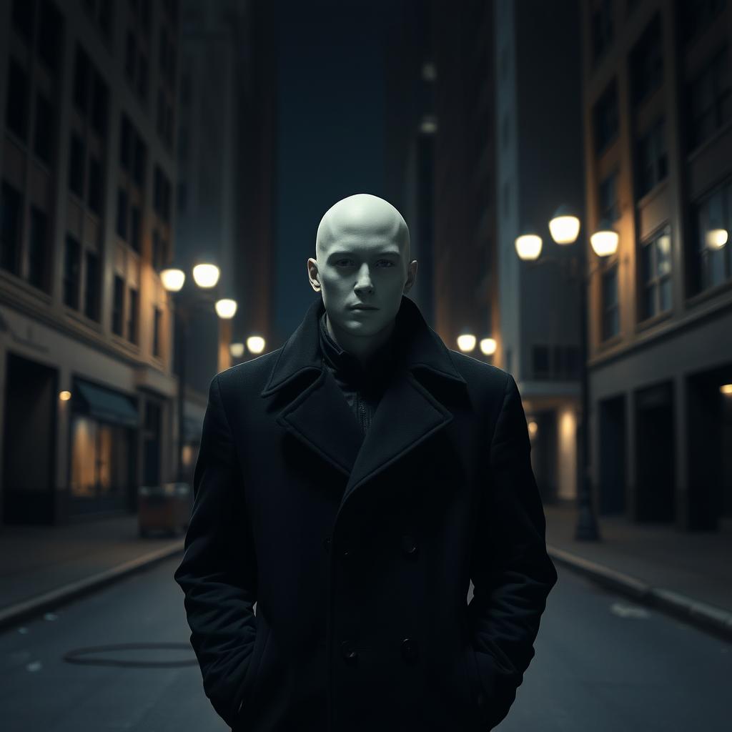 A hyper-realistic image of a faceless man standing in an urban environment