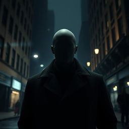 A hyper-realistic image of a faceless man standing in an urban environment