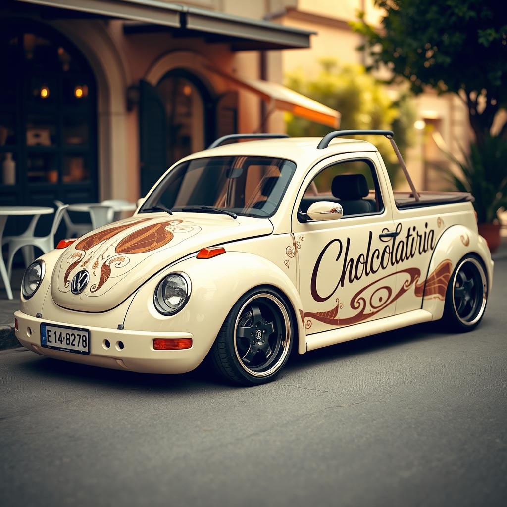 A lowered Volkswagen Saveiro in a soft creamy color, beautifully adorned with an eye-catching pattern that includes the word 'Chocolataria' in an artistic and stylish font